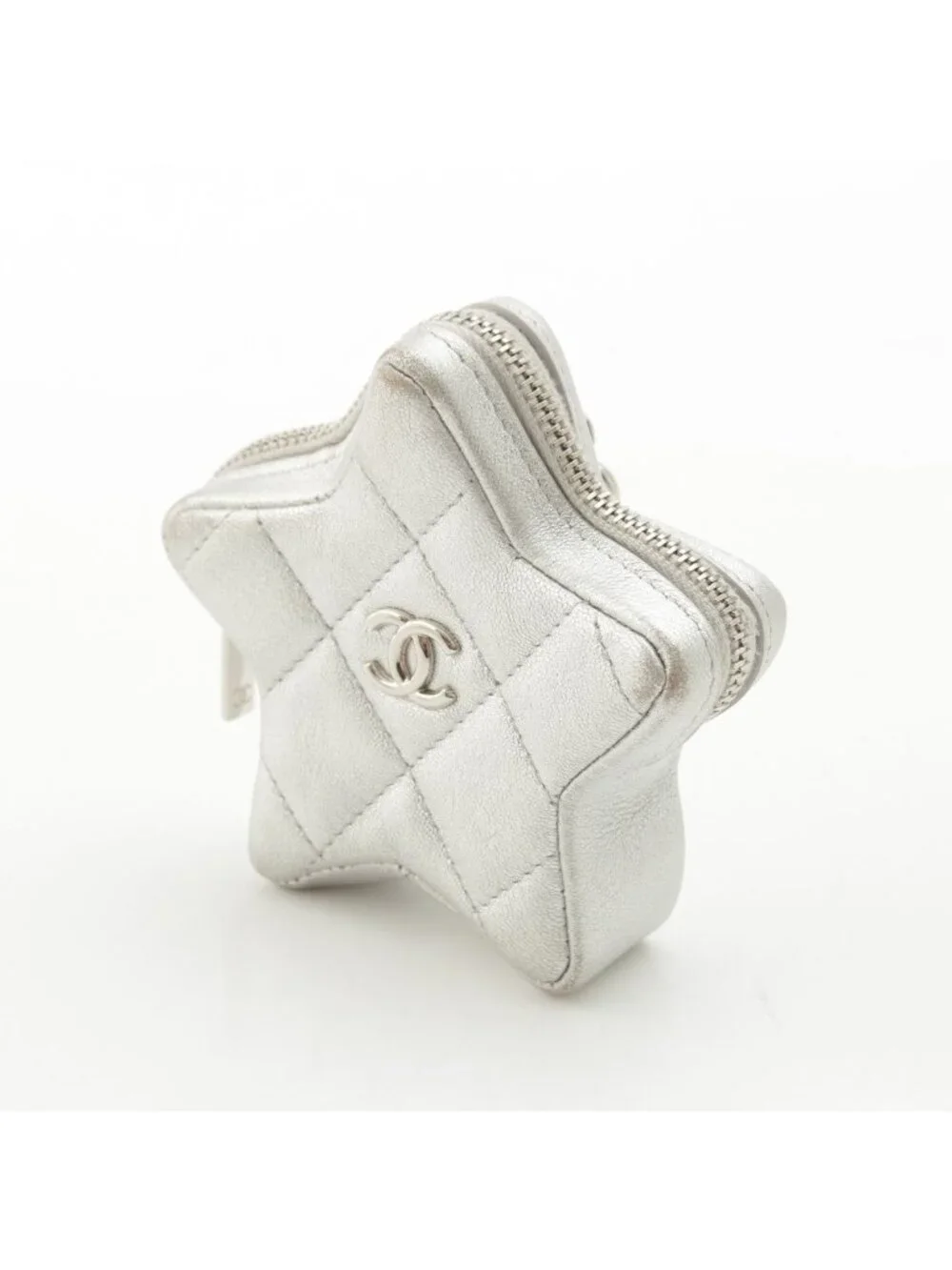 Chanel Lambskin CC Logo Quilted Star Coin Purse Pouch Silver